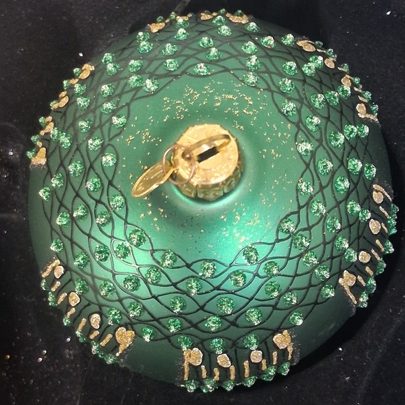 2 Vintage Dept 56 Poland Glass Ornaments Green Gold Glitter Embellished Elegant - Picture 16 of 16
